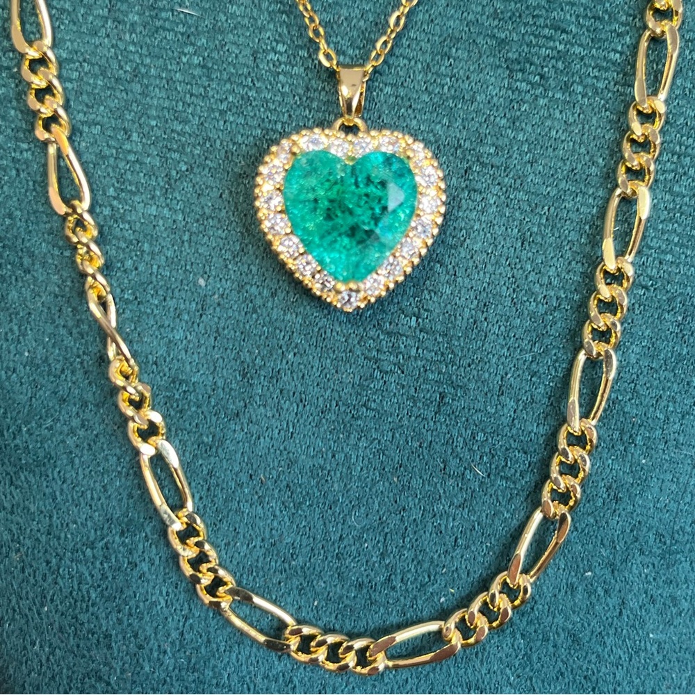 Gorgeous Gold & Paraiba Green Heart Necklace, Figaro, Charm Bracelet & Earrings